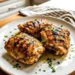 Grilled Greek chicken thighs on a simple plate with light browning and herb flecks