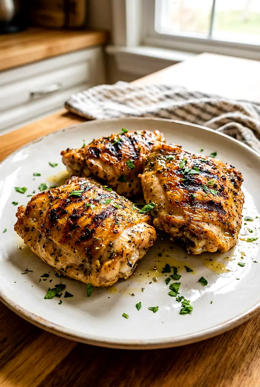 Grilled Greek chicken thighs on a simple plate with light browning and herb flecks