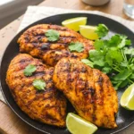 Grilled Mexican marinated chicken on a large black plate with cilantro and lime wedges
