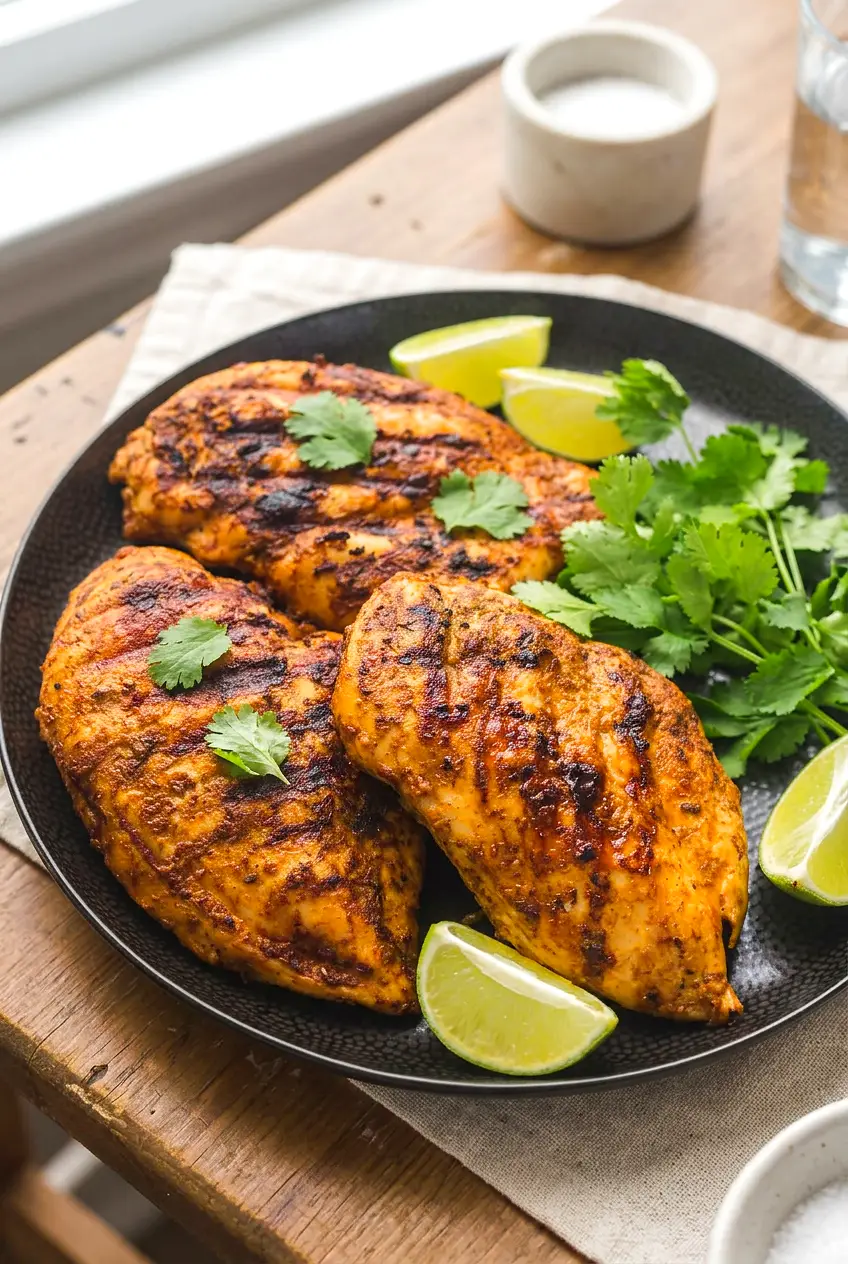 Grilled Mexican marinated chicken on a large black plate with cilantro and lime wedges