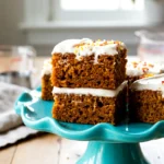 Stack of frosted pumpkin bars on a blue cake stand