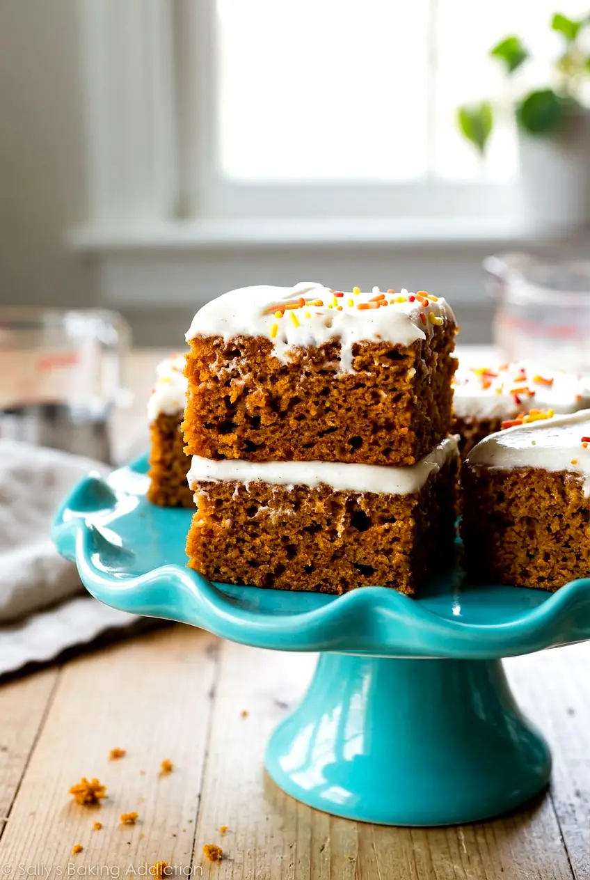 Stack of frosted pumpkin bars on a blue cake stand