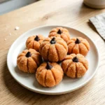 Pumpkin cheesecake truffles coated in sugar and shaped like little pumpkins on a plate