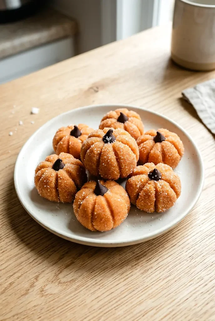 Pumpkin cheesecake truffles coated in sugar and shaped like little pumpkins on a plate