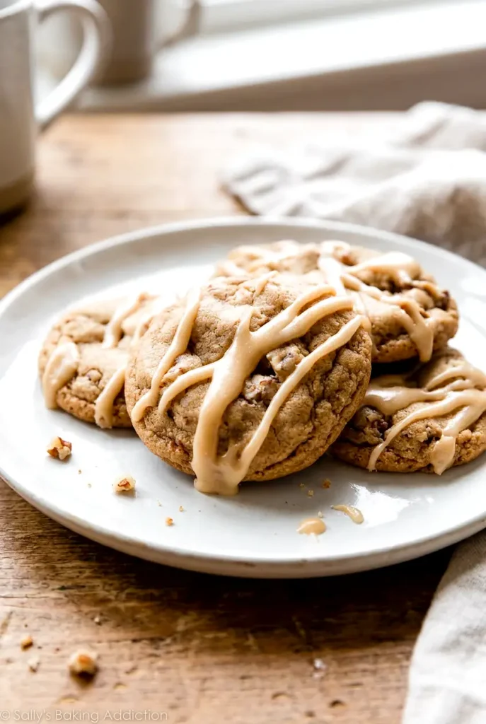 Maple brown sugar cookies with maple icing stacked on a plate