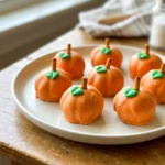 Pumpkin Oreo balls on a plate with orange candy coating, pretzel stems, and small green leaves