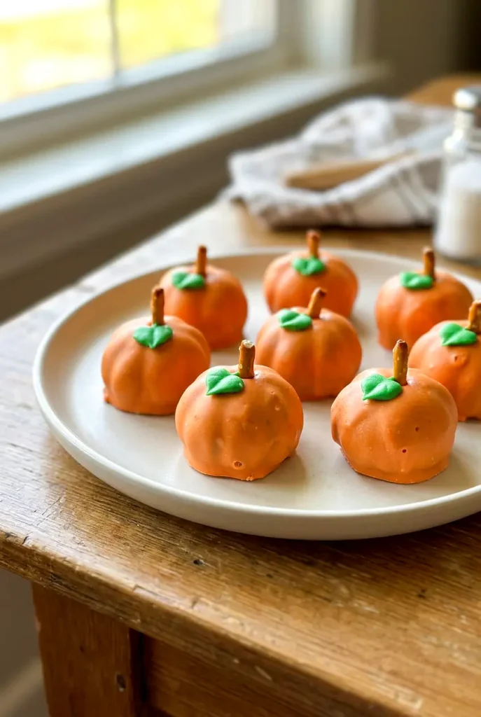Pumpkin Oreo balls on a plate with orange candy coating, pretzel stems, and small green leaves