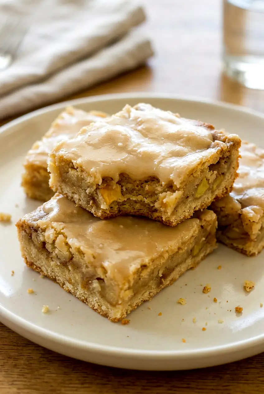 Maple glazed apple blondies cut into squares on a simple plate with glossy glaze