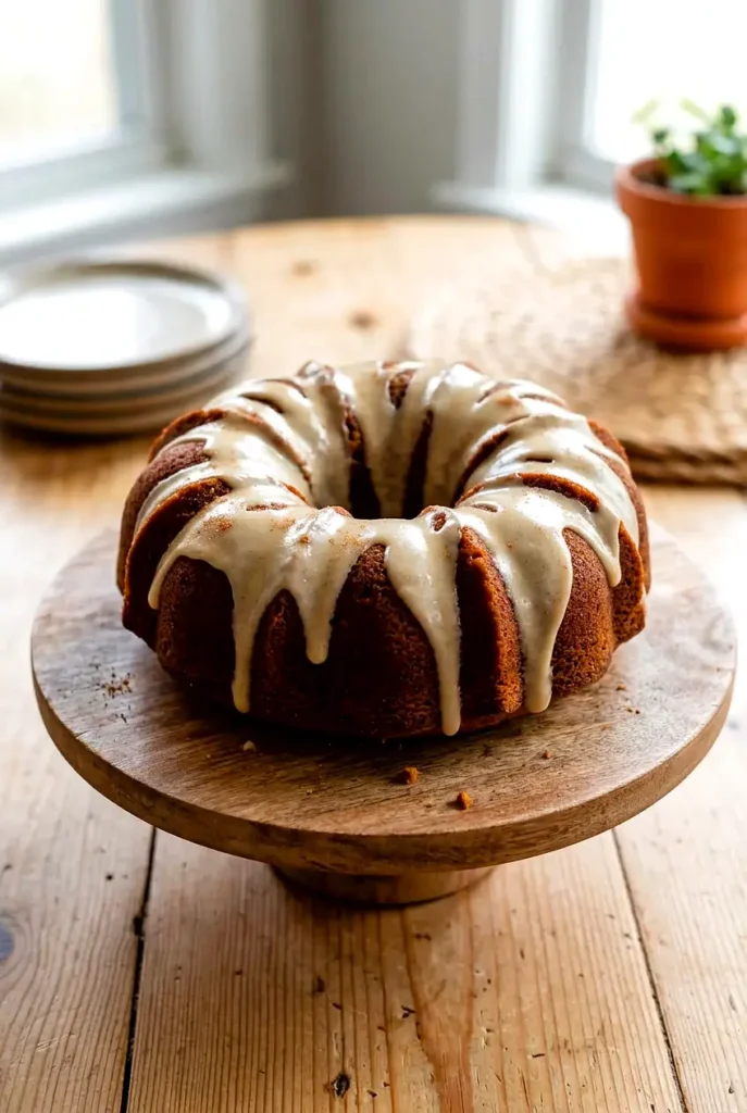 Pumpkin Bundt cake on a wooden cake stand with maple icing and pumpkin pie spice on top