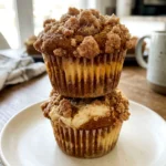 Stack of pumpkin cream cheese muffins with crumb topping on a plate