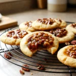 Pecan pie cookies on a cooling rack with gooey pecan centers and lightly browned edges