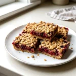 Cranberry crumble bars cut into squares on a plate with a crumbly golden top.