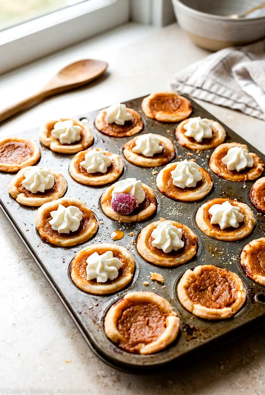 Mini pumpkin pies topped with whipped cream in a mini muffin pan