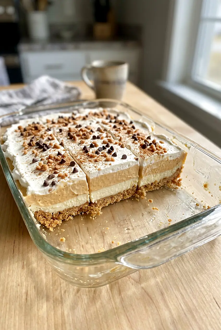 Pumpkin lush squares in a baking dish with whipped topping, toffee bits, and mini chocolate chips