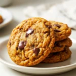 Brown butter pumpkin chocolate chip cookies stacked on a plate