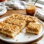 Caramel apple cheesecake bars cut into squares with caramel drizzle on top
