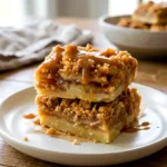 Apple pie bars stacked on a plate with salted caramel drizzled on top