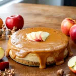 Whole apple cider cheesecake on a wooden table with apples around it