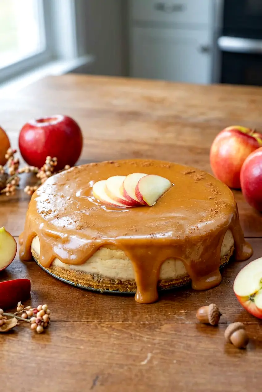Whole apple cider cheesecake on a wooden table with apples around it