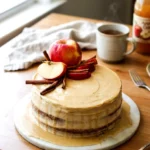 Bourbon apple cider cake on a marble plate with a honey glaze