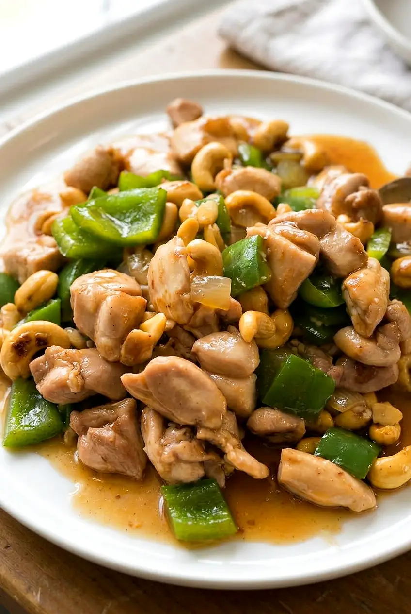 Close-up of cashew chicken showing tender chicken, bell pepper, onion, and glossy sauce