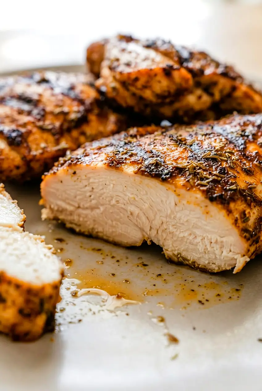 Close-up of Mexican chicken showing browned spice crust and juicy sliced edge