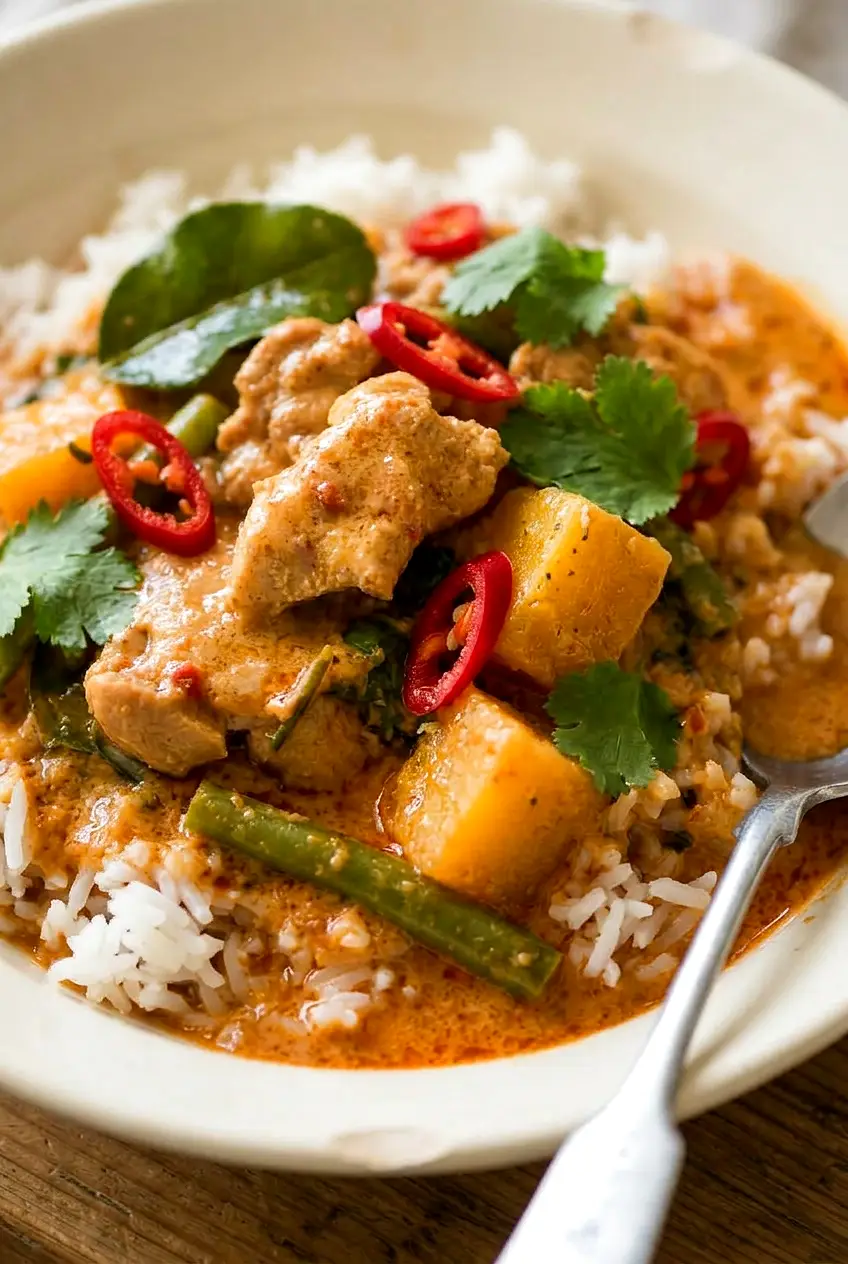 Close view of Thai red curry chicken with tender chicken, squash, and green beans in creamy coconut sauce