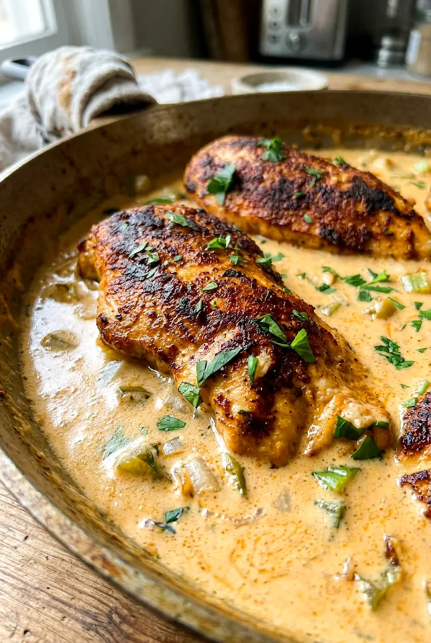 Close view of creamy Cajun chicken showing browned chicken and thick Parmesan sauce with tender peppers and celery