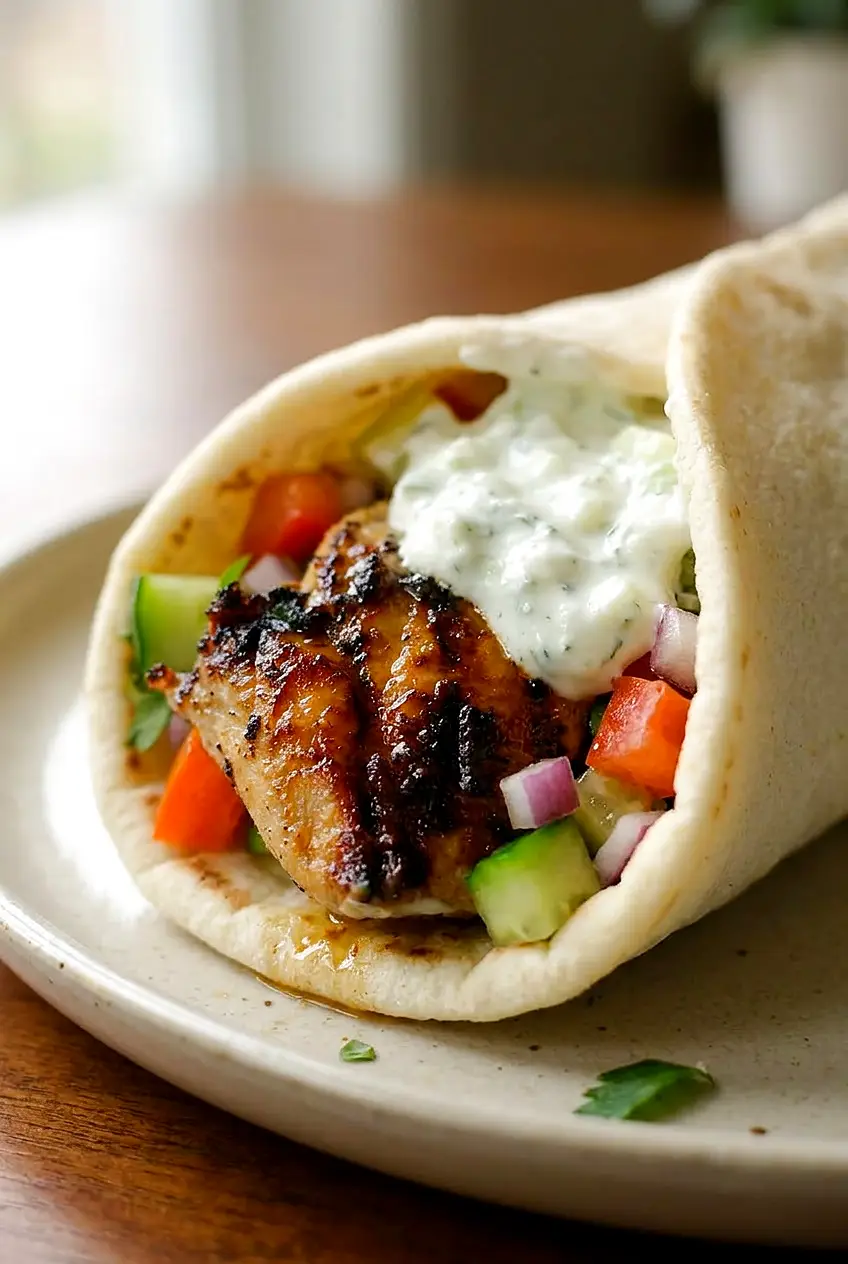 Close-up of Greek chicken gyros showing browned sliced chicken and creamy tzatziki in pita