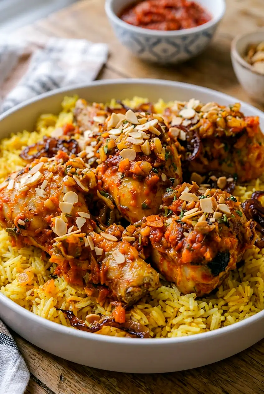 Close-up of Moroccan harissa chicken on saffron rice with glossy harissa sauce and browned skin