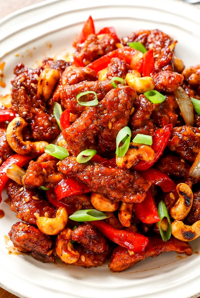 Close-up of Spicy Dragon Chicken showing crispy chicken strips, peppers, onions, and cashews coated in sauce