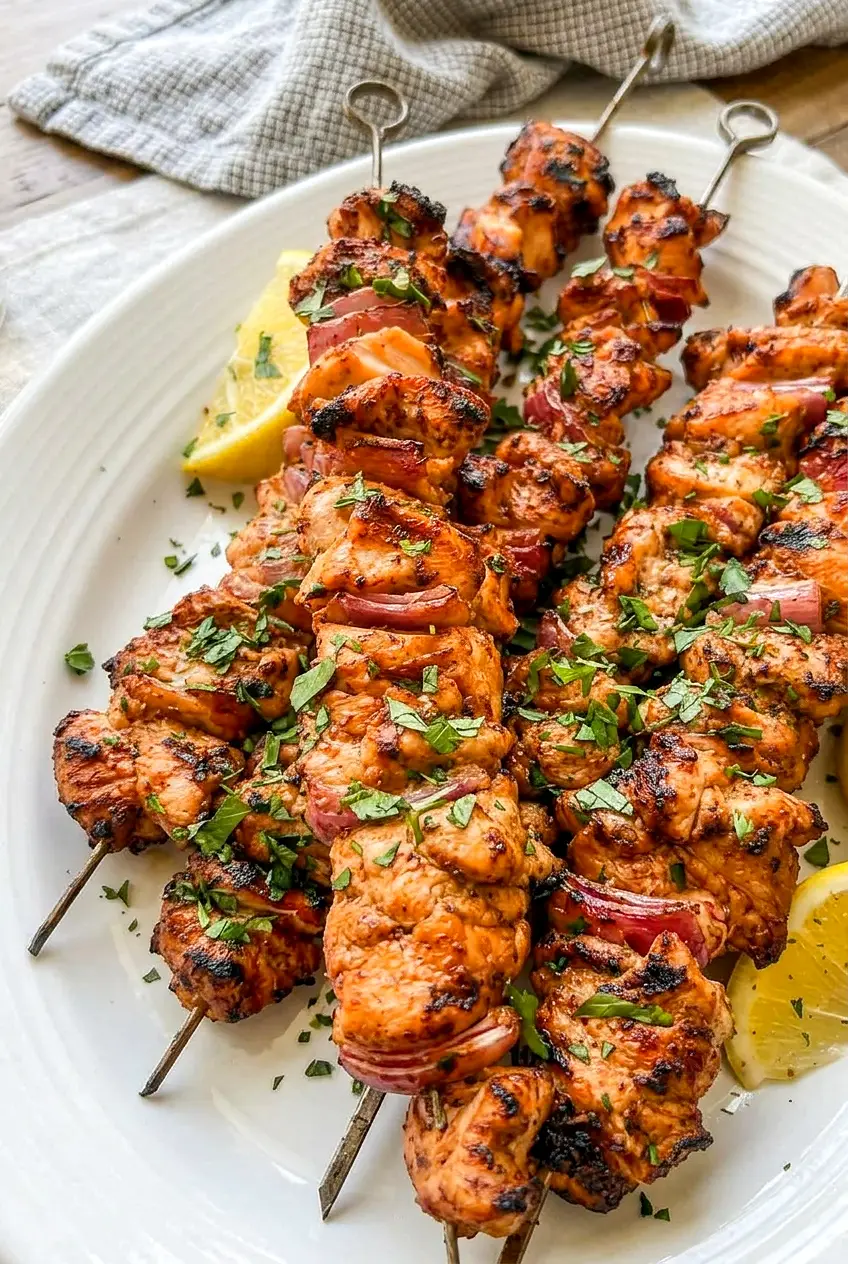 Close-up of grilled Turkish chicken kabobs showing browned edges and juicy pieces on skewers