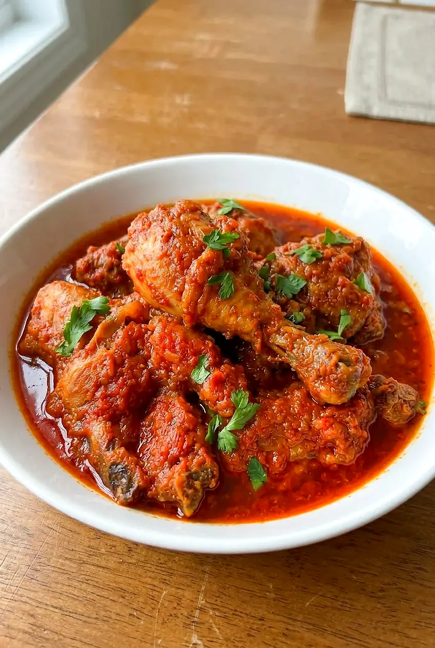 Close-up of Nigerian chicken stew showing tender chicken pieces in a rich red pepper sauce