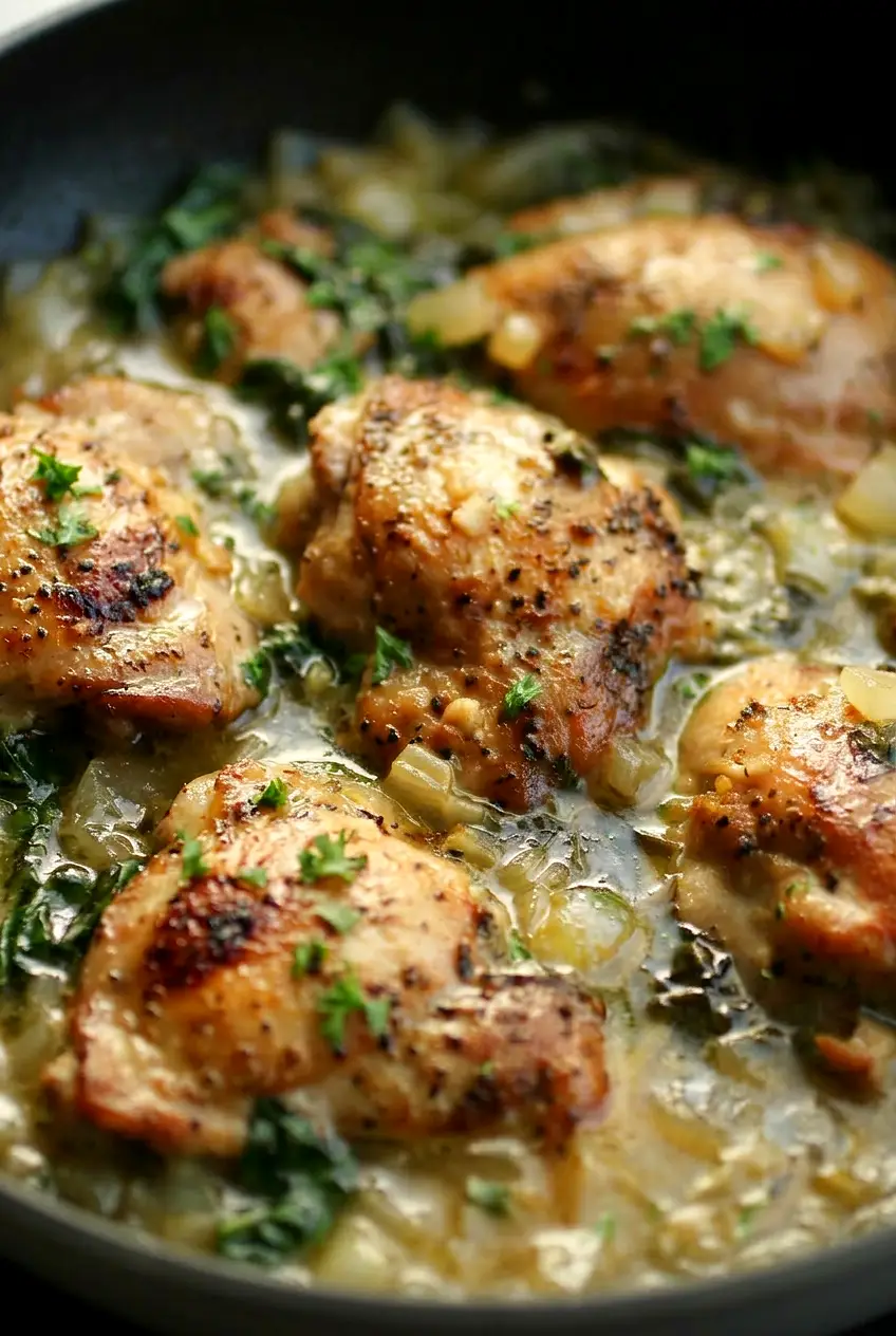Close-up of garlic lemon chicken thighs with browned edges and wilted spinach in sauce
