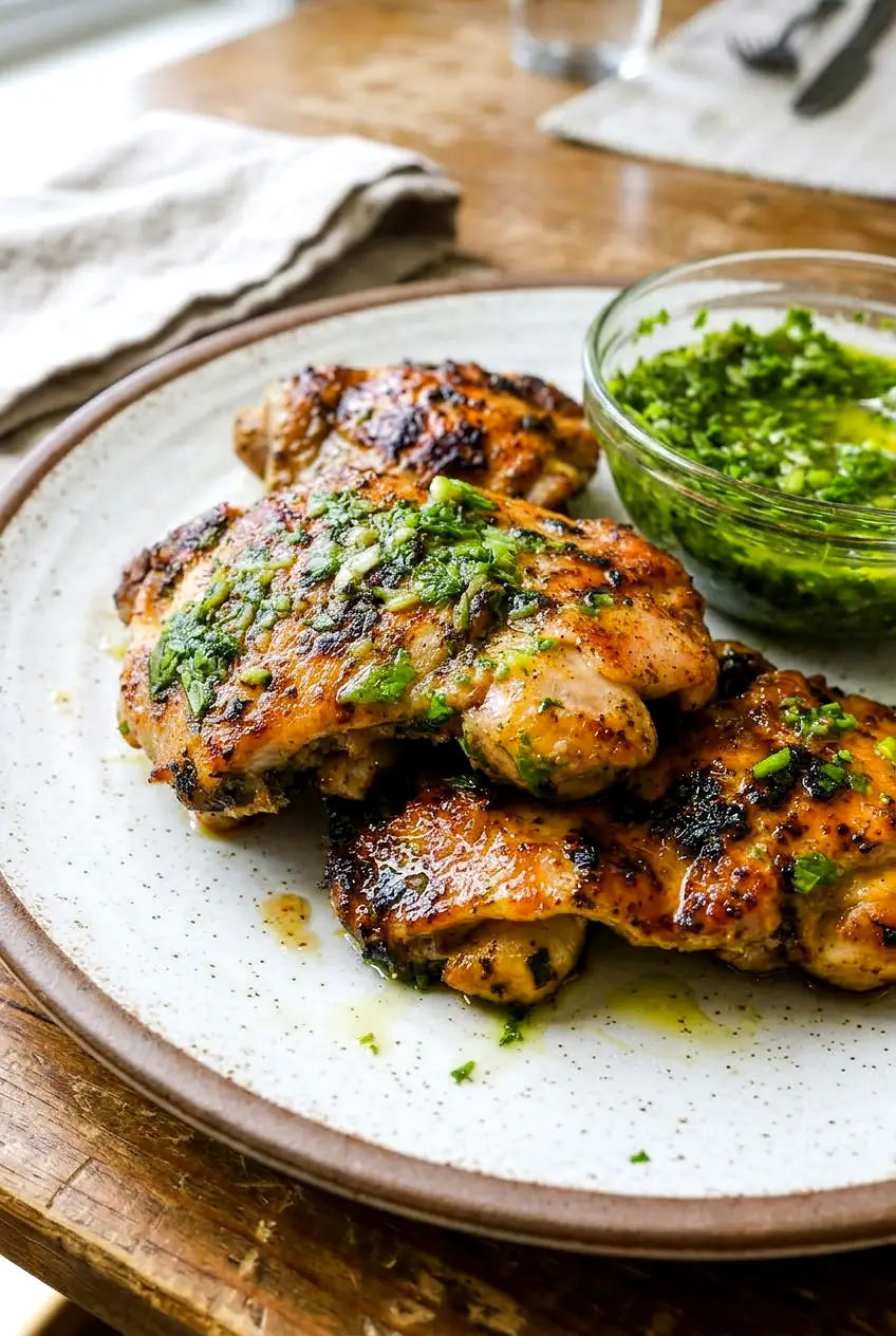Close view of chimichurri chicken thighs with fresh herb sauce over the browned chicken