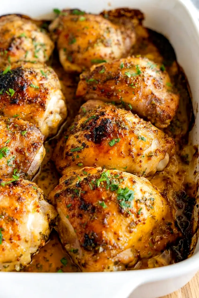 Close view of baked honey mustard chicken thighs showing browned skin and glossy sauce