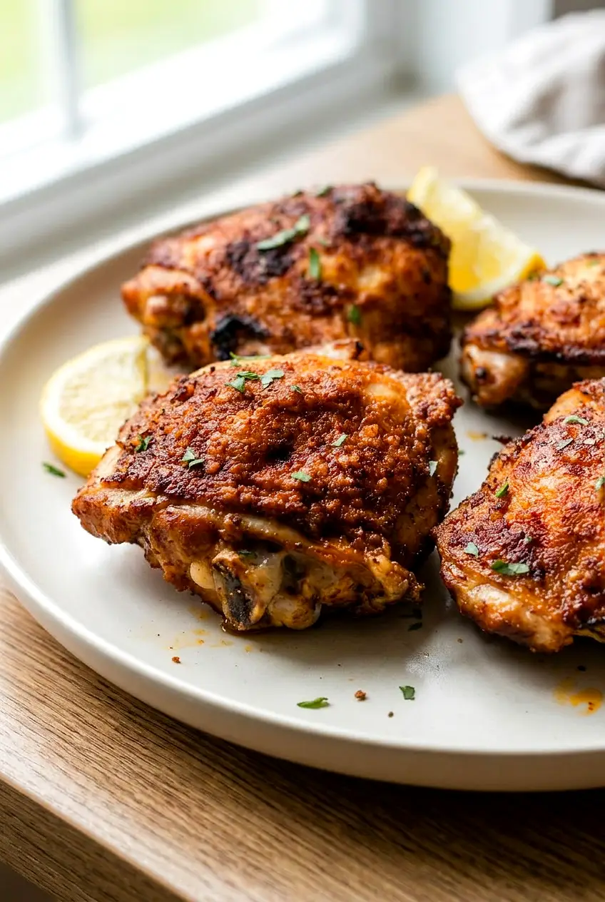 Close view of crispy chicken thighs showing browned skin and juicy meat