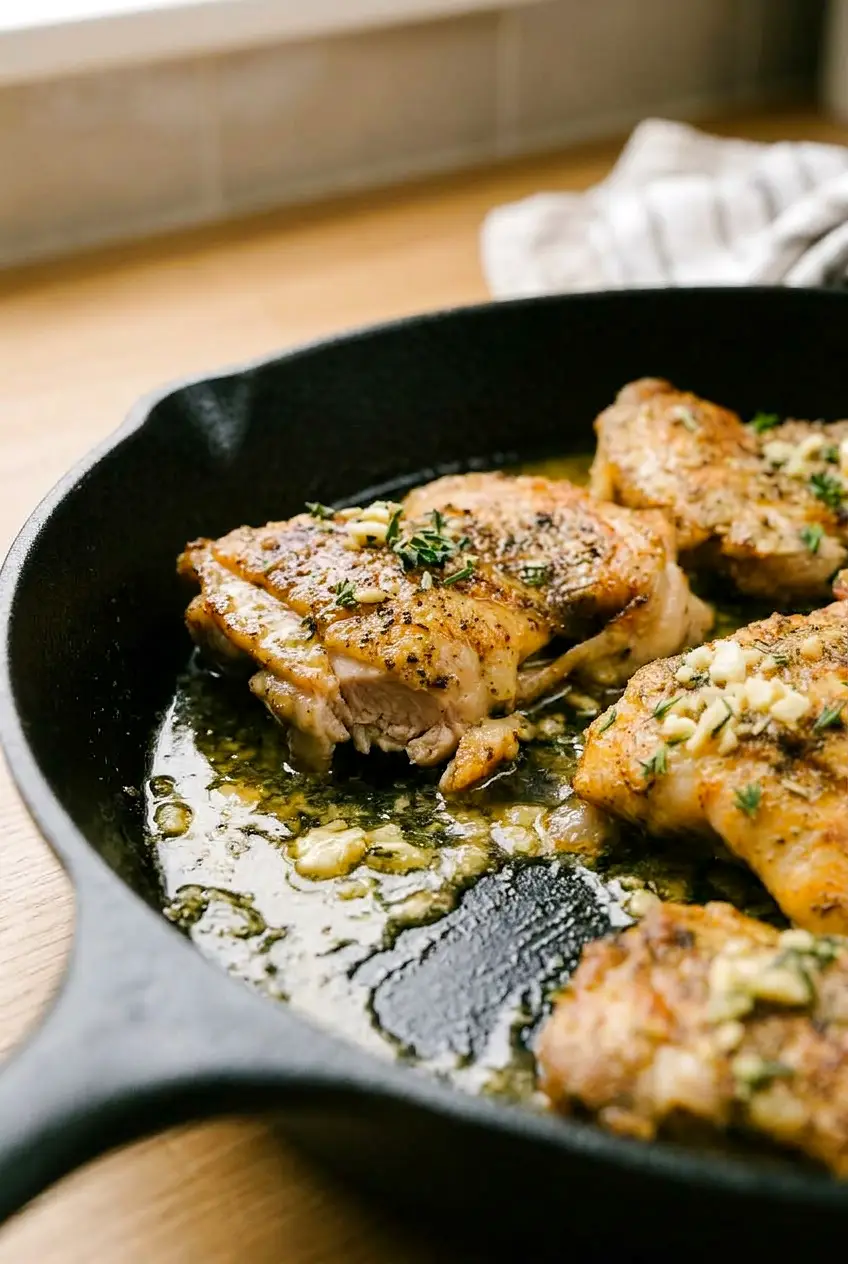 Close view of garlic butter chicken thighs with browned edges and sauce spooned over the top.
