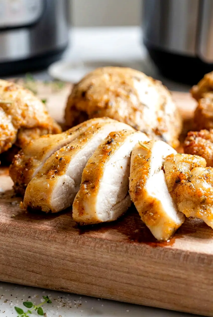 Close-up of sliced baked chicken thighs showing juicy, browned centers on a cutting board