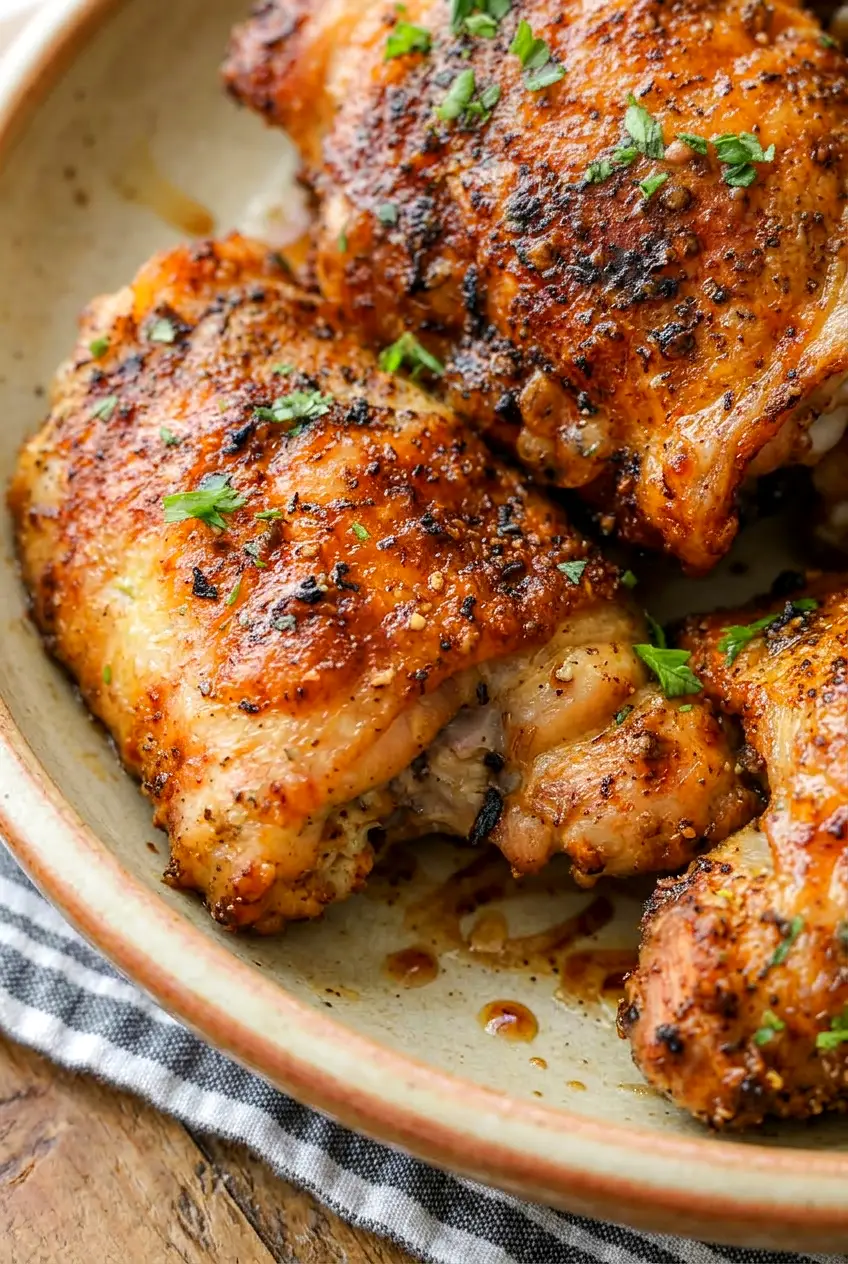 Close-up of baked chicken thighs showing juicy meat and crisp, seasoned skin.