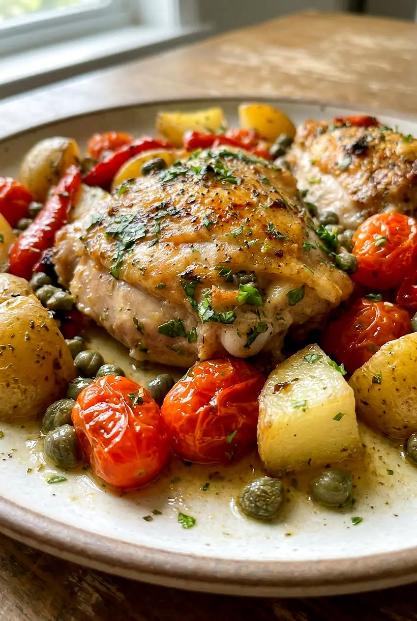 Close view of Mediterranean chicken thighs with crisp skin, soft tomatoes, and roasted potatoes