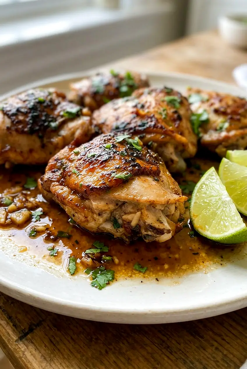 Close view of cilantro lime chicken thighs showing crisp browned edges and juicy sliced centers