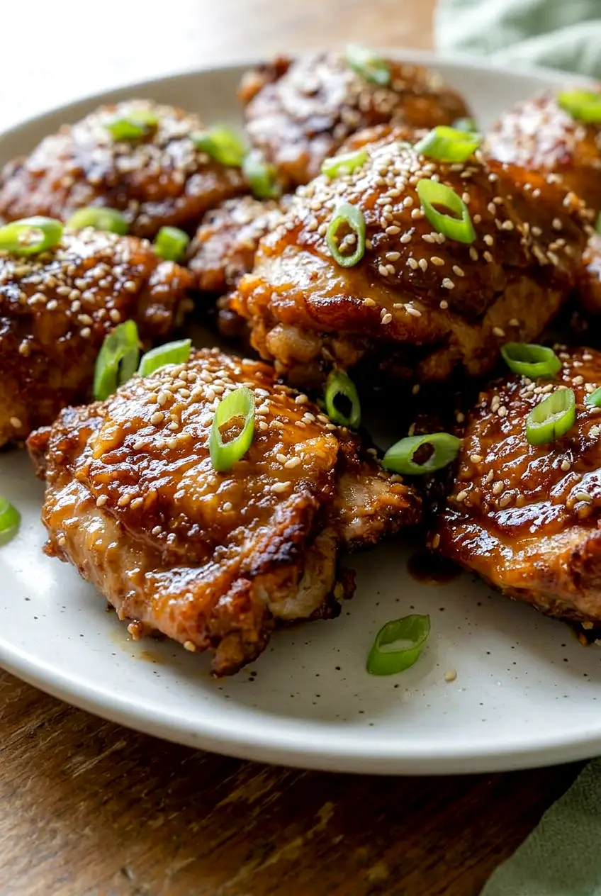 Close-up of Korean soy garlic chicken thighs showing browned edges and sticky soy garlic glaze