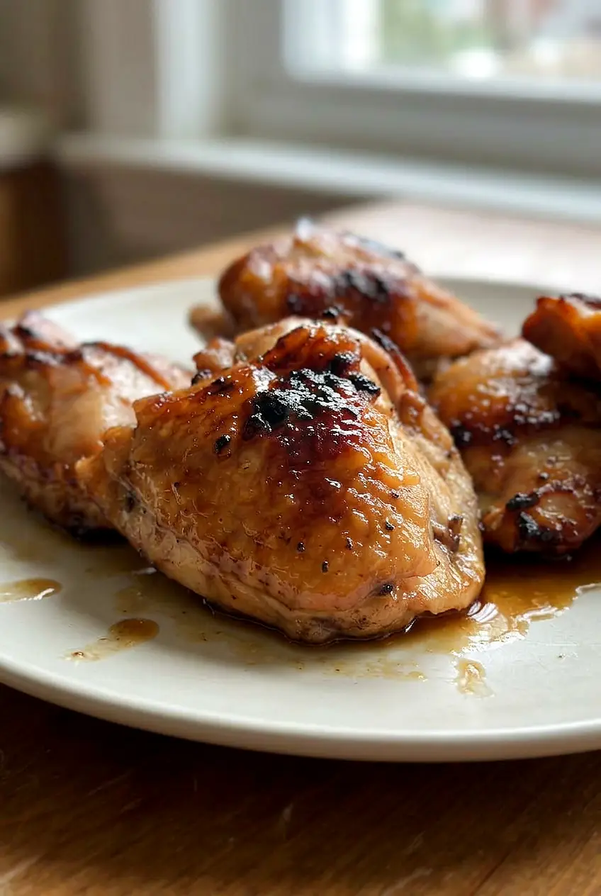 Close-up of honey soy chicken thighs showing the glossy glaze and browned edges