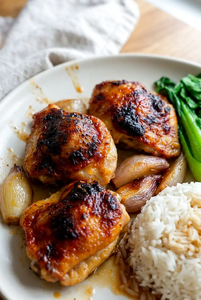 Close view of garlic miso chicken with glossy browned skin and caramelized shallots