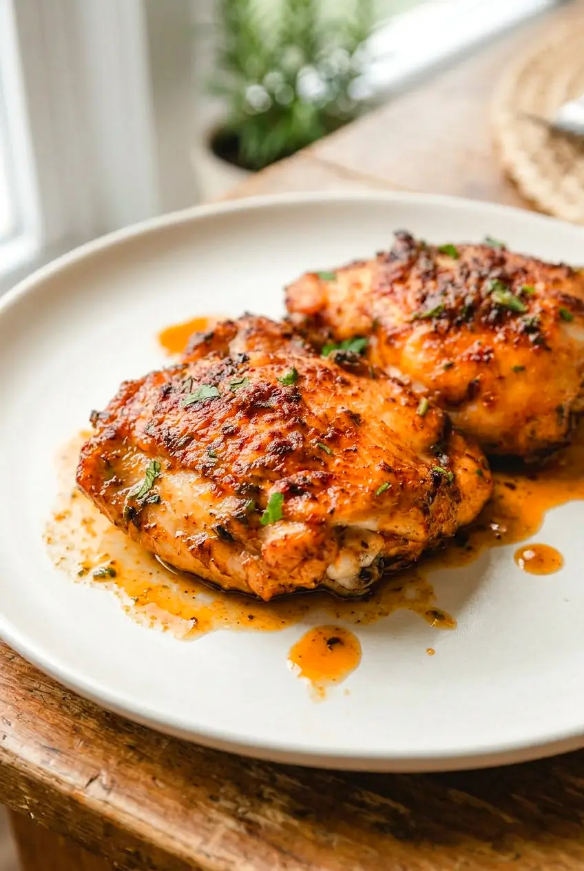 Close view of Old Bay chicken thighs showing crisp browned skin and juicy meat