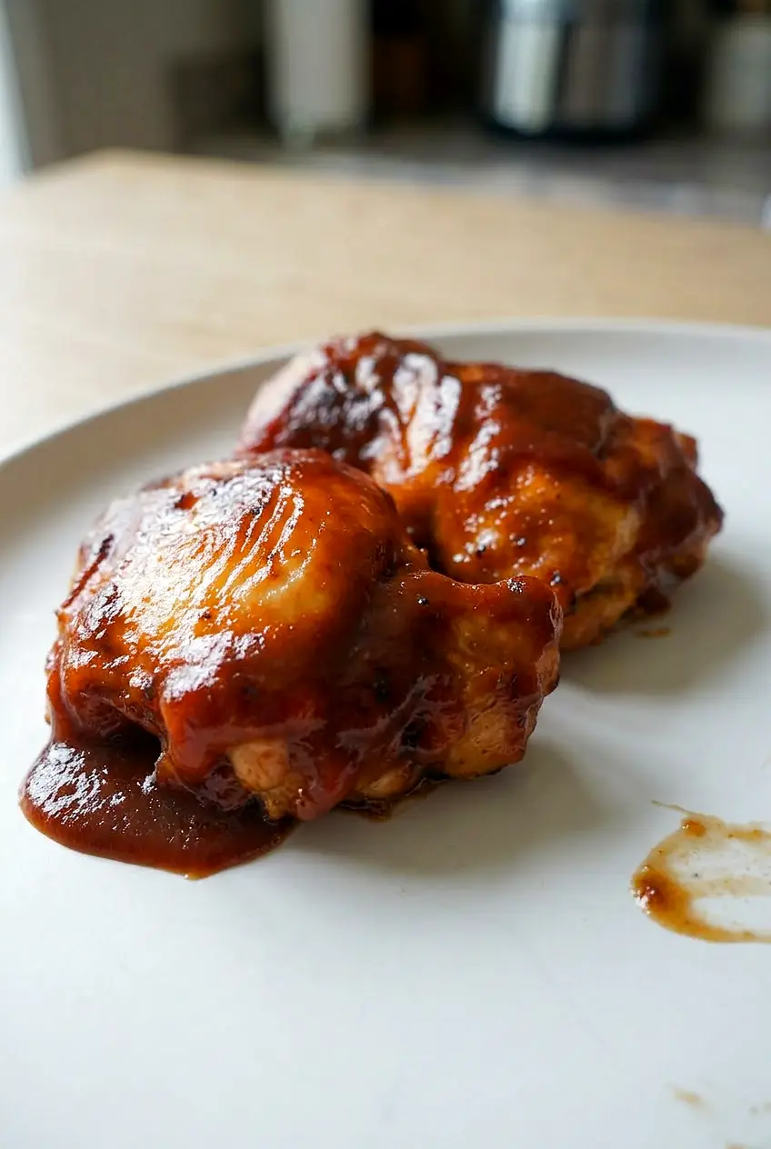 Close view of low carb BBQ chicken thighs with sticky sauce and browned edges
