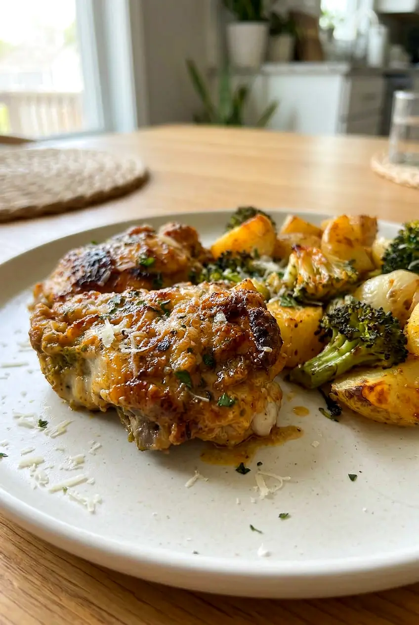 Close view of Parmesan garlic chicken thighs with browned potatoes, broccoli, and soft roasted onion
