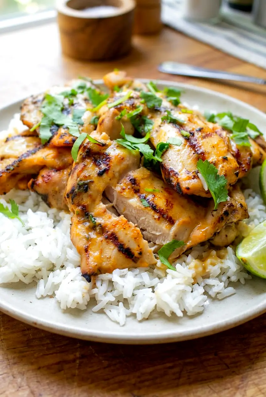 Close-up of Thai boneless chicken thighs with browned edges and glossy coconut curry sauce