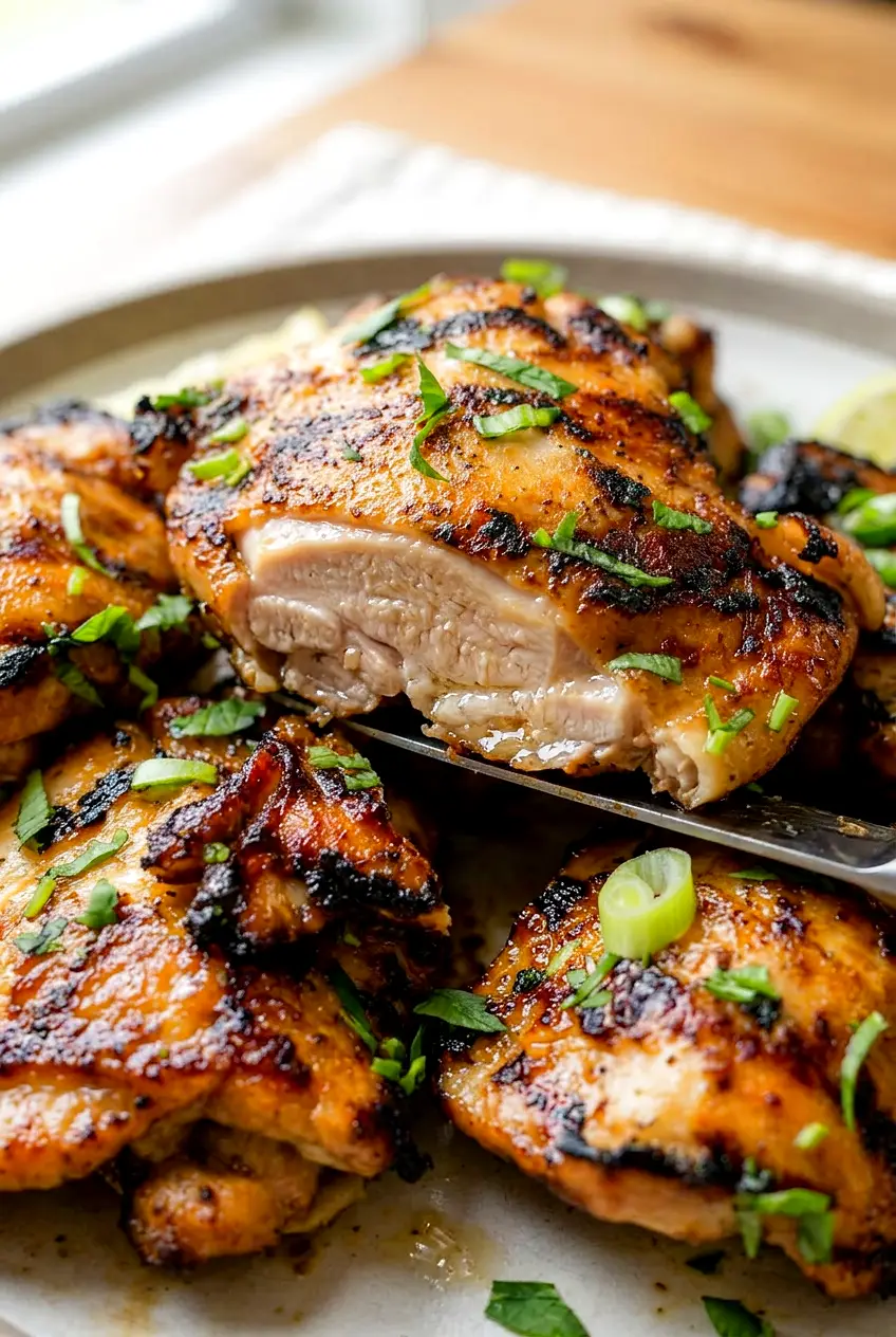 Close view of chicken thigh marinade chicken showing browned edges and moist texture